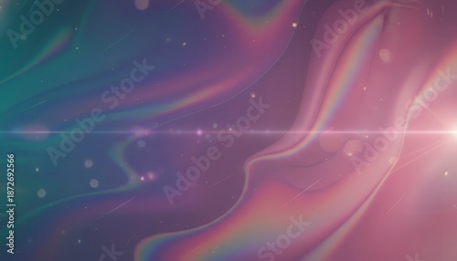 Abstract background of flowing iridescent colors, light flare, and bokeh particles.