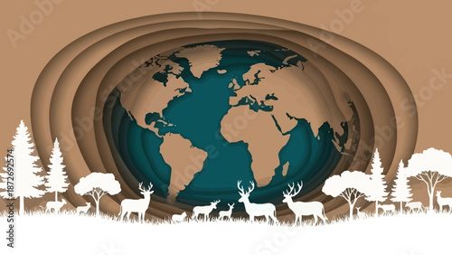 A layered paper-cut style illustration depicting the Earth with a herd of deer and trees in the foreground, symbolizing environmental conservation and nature.