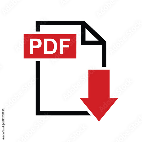 A simple graphic illustration depicting a red pdf document with a downward pointing arrow