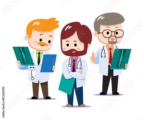 Cute cartoon group of European male orthopedics doctors in white coats holding X-ray films. Professional Caucasian medical team vector illustration for healthcare concepts. Isolated white background.