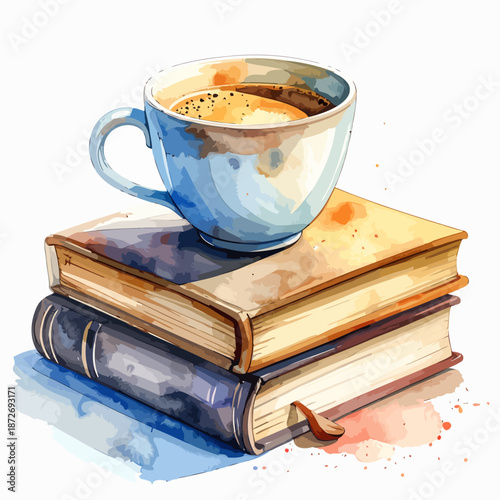 Watercolor Coffee Cup on Books Stack.