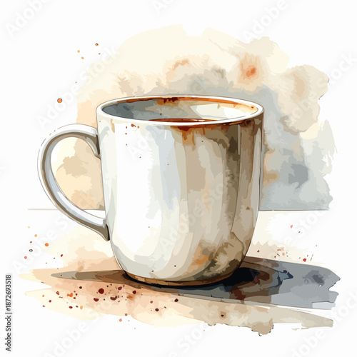 Rustic Ceramic Coffee Mug in Watercolor Art Style.