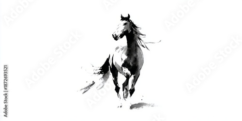 Dynamic wild horse sprinting, minimalist zen ink drawing.