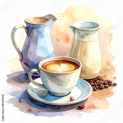 Watercolor Coffee Scene with Latte Art, Milk and Cream Pitchers.