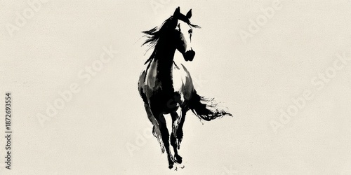 Traditional Asian ink wash painting of a majestic horse in flight.