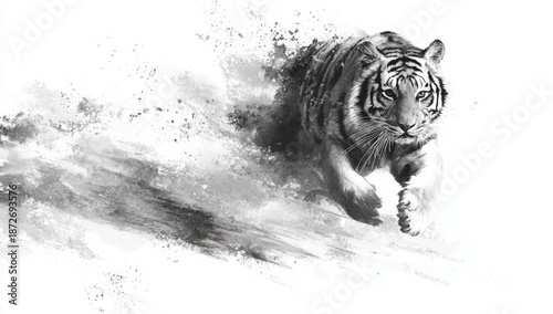 Abstract black and white tiger silhouette in motion for tattoo design.