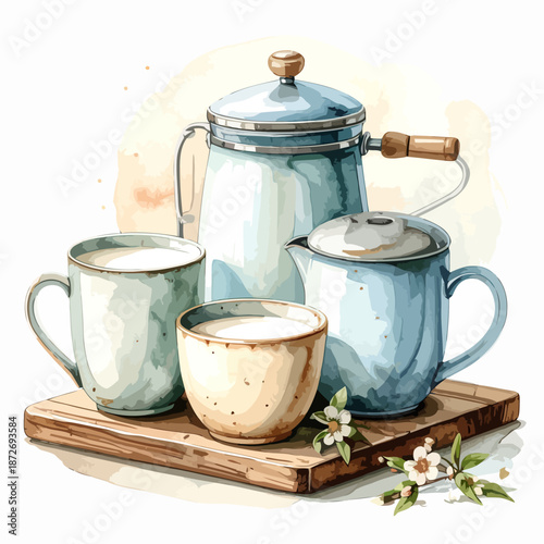 Watercolor Teaware Collection with Milk on Wooden Board.