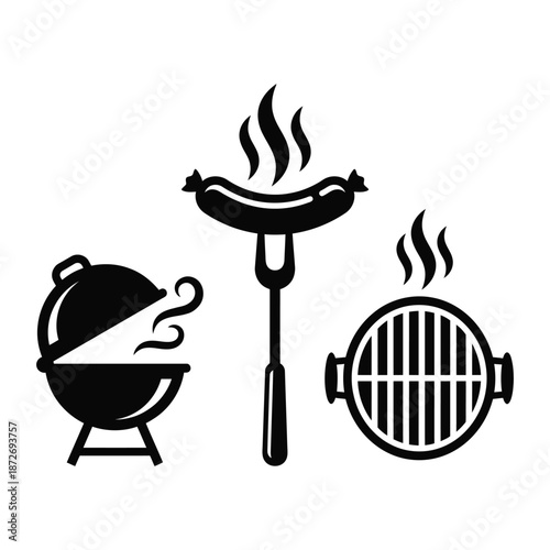 A black and white illustration depicting a barbecue grill with a sausage and cooking pot