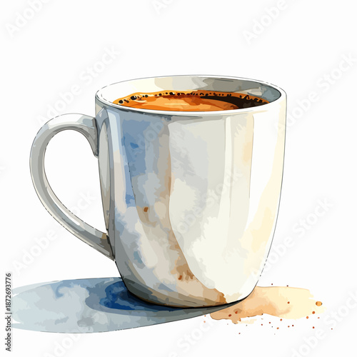 Watercolor painting of a white coffee mug with hot beverage.
