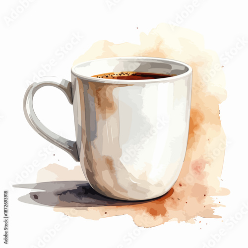 White ceramic coffee mug with hot beverage watercolor illustration.