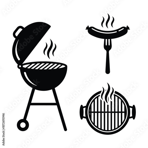 Black and white illustration depicts a barbecue grill sausage on a fork and a smoking grill grate