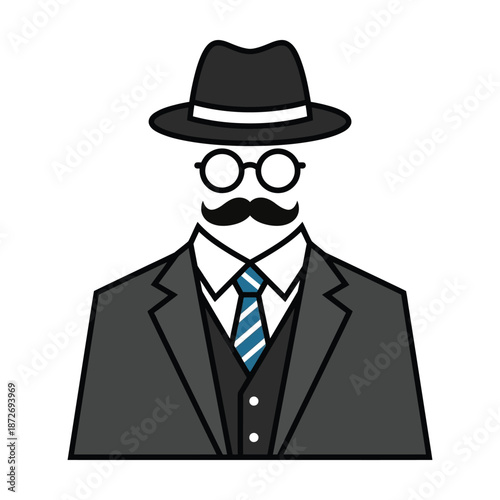 An illustrated depiction of a man wearing a hat glasses and a suit with a mustache