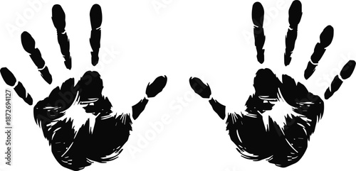 Black handprint icons a pair of open palm symbols with a grunge texture isolated on white background for design projects