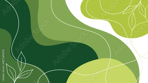 Abstract organic green shapes with delicate white floral line art accents.