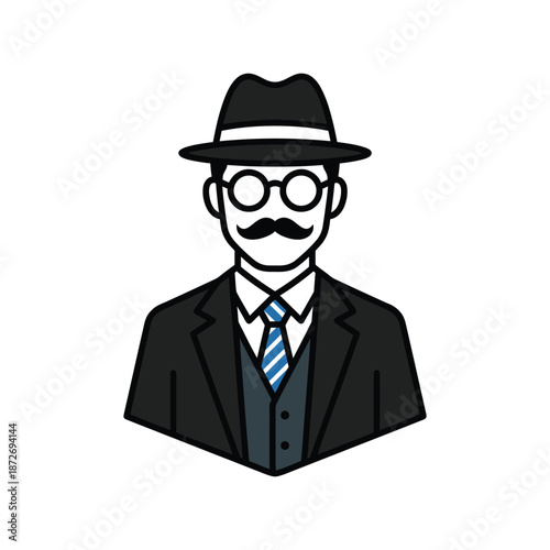 A stylish gentleman s portrait black hat glasses mustache suit and tie in a simple design