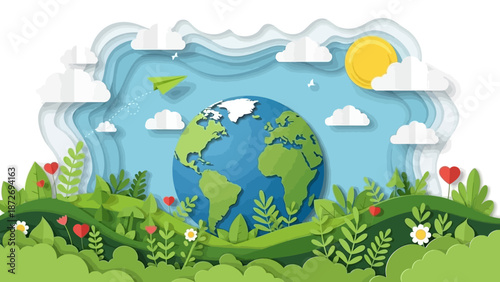A vibrant, layered paper-cut illustration of planet Earth surrounded by lush green foliage, fluffy clouds, and a bright sun, symbolizing environmental awareness and nature's beauty.