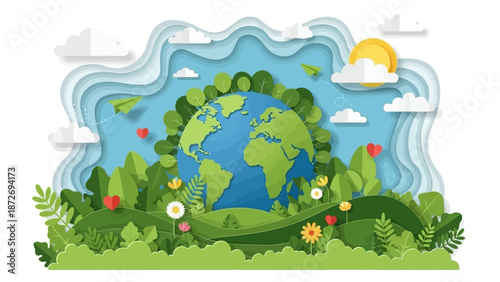 A vibrant paper-cut style illustration of planet Earth surrounded by lush green foliage, flowers, and clouds, symbolizing environmental protection and nature.