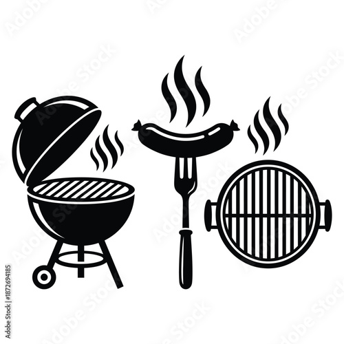 Black and white illustration of a barbecue grill sausage fork and grill grate with smoke