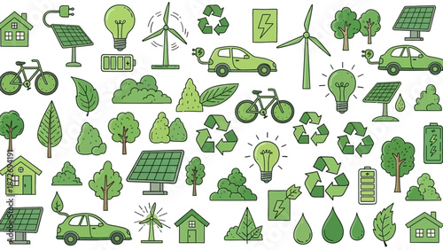 A vibrant collection of green icons representing eco-friendly living, including solar panels, wind turbines, electric cars, bicycles, houses, trees, leaves, and recycling symbols.