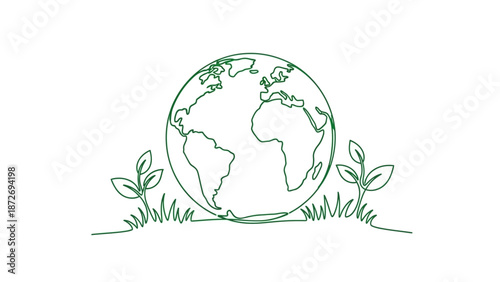 A simple green line drawing of planet Earth with sprouting plants and grass.
