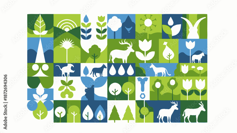Fototapeta premium A vibrant mosaic of nature's elements, featuring stylized plants, animals, and natural phenomena in a geometric pattern.