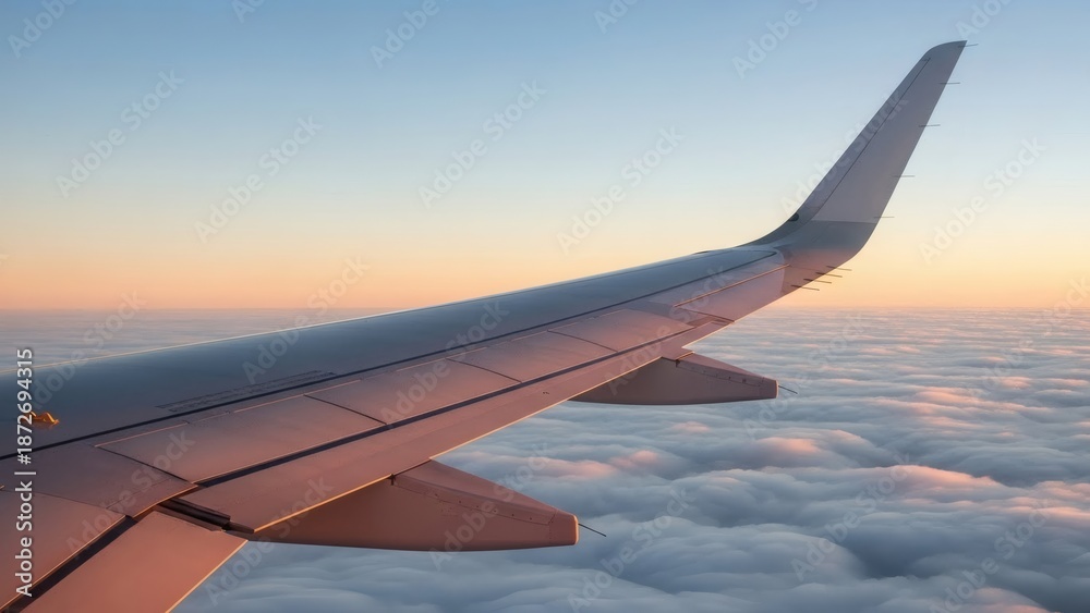 Obraz premium Airplane wing soaring above a sea of clouds during a beautiful sunrise or sunset.