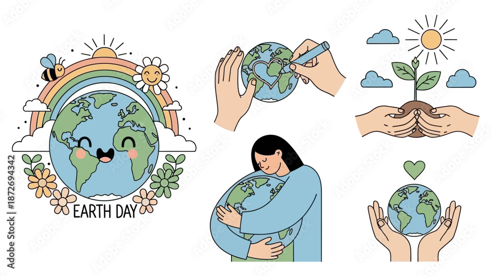 Obraz premium A collection of illustrations celebrating Earth Day, featuring a smiling planet Earth with a rainbow and bee, hands planting a seedling, and a person hugging the Earth.