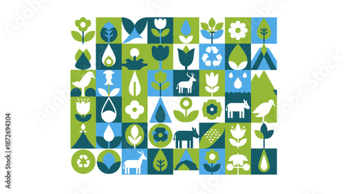 A vibrant and colorful mosaic of nature-themed icons, featuring plants, animals, and environmental symbols in a geometric grid pattern.