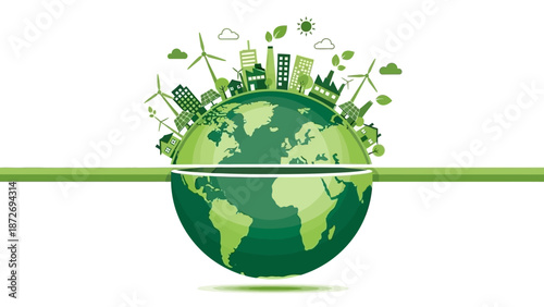 Illustration of a green planet Earth with a city skyline and wind turbines on top, symbolizing environmental sustainability.