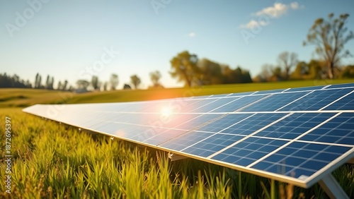 Solar panels in a sunlit field, representing sustainable energy and environmental care.
