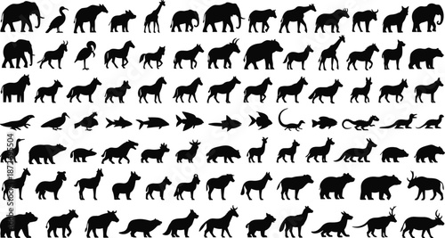 Black silhouettes of diverse wild and domestic animals including elephant giraffe bear and deer for architectural rendering cad drawing flat vector illustration