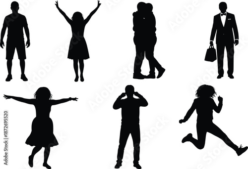Black silhouettes of people celebrating jumping hugging and standing for urban lifestyle architectural rendering cad drawing flat vector illustration set isolated
