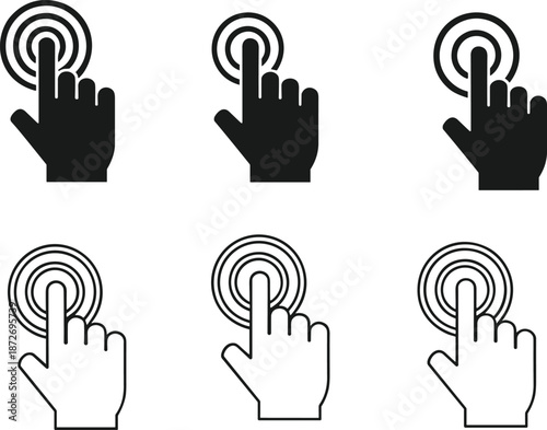 Touch gesture icon set with hand pressing circular target, solid and outline styles for UI, app interface, and digital interaction design