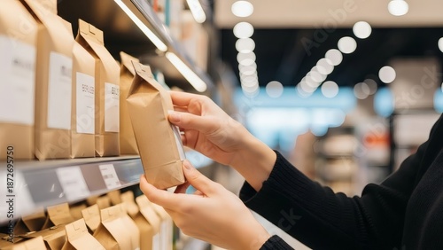 A person's hands examining a brown paper package on a store shelf, surrounded by similar products.