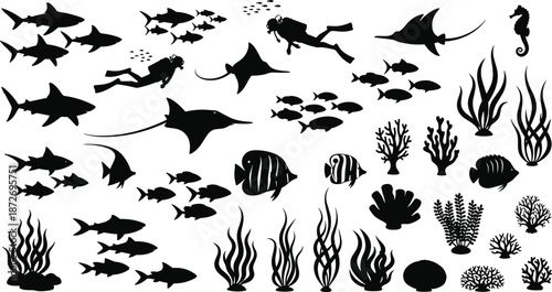 Black silhouettes of sharks scuba divers stingrays and coral reef fish for underwater landscape architectural rendering cad drawing flat vector illustration