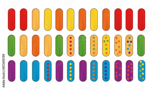 Colorful popsicle sticks for kids counting and learning activities flat vector set isolated on transparent background