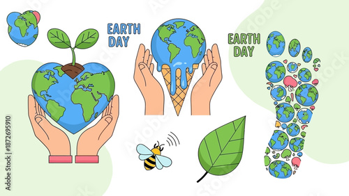 Illustrations celebrating Earth Day with a focus on environmental protection and sustainability.