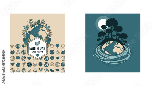 Illustrations of Earth Day with environmental symbols and a globe surrounded by trees and water.