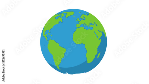 A stylized illustration of planet Earth, showcasing continents and oceans in vibrant blue and green colors.