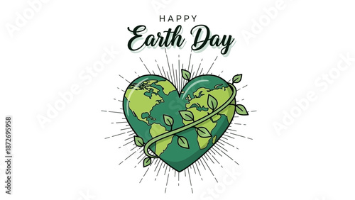 Happy Earth Day illustration with a heart-shaped planet Earth embraced by a vine with leaves.