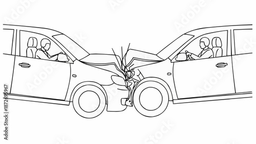 Two cars in a head on collision accident illustration.
