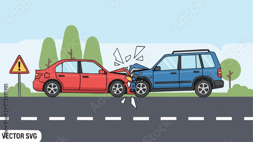 Two cars in a head on collision on a road.