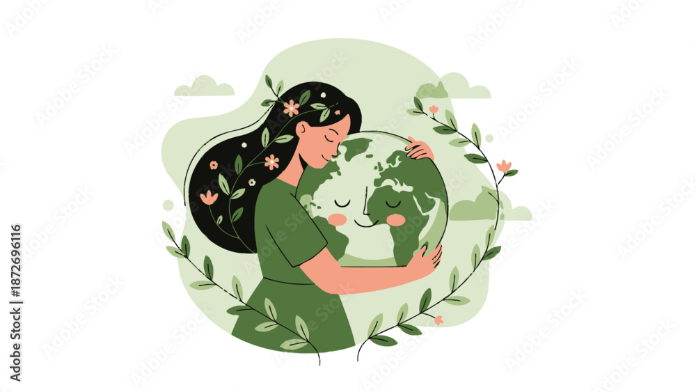 Fototapeta premium A woman with flowers in her hair tenderly embraces the Earth, symbolizing environmental care and harmony with nature.