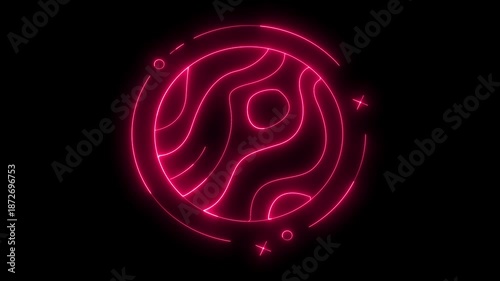 Glowing neon pink abstract lines animate into a circular pattern with geometric elements on a black background, technology, digital art, futuristic display, or motion graphics