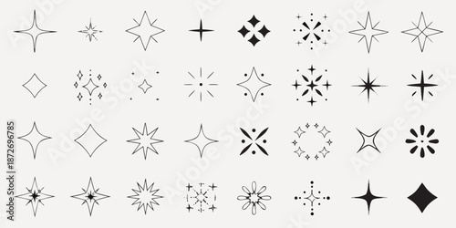 Obraz na plátně Collection of delicate black and white star and sparkle shaped line art icons
