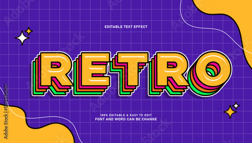 Retro 90s Style Editable Text Effect with Colorful Layered Typography on Purple Grid Background