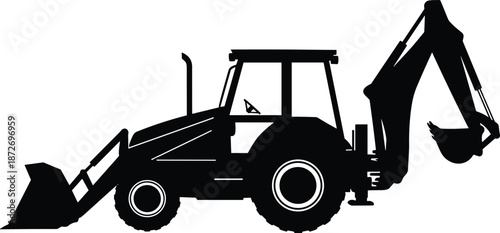Backhoe loader silhouette illustration, construction tractor excavator heavy machinery industrial vehicle icon isolated on white background for engineering projects
