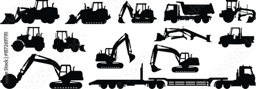 Construction vehicle silhouettes set, excavator bulldozer loader tractor dump truck backhoe heavy machinery industrial equipment icons isolated white background