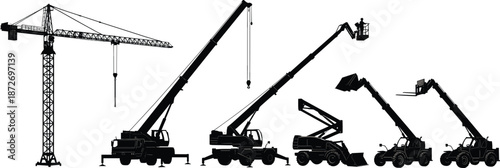 Crane and lifting equipment silhouettes set, tower crane mobile crane boom lift telehandler heavy construction machinery icons isolated white background