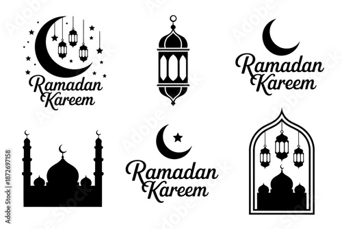 Ramadan kareem greeting card design elements with mosque silhouette and lanterns